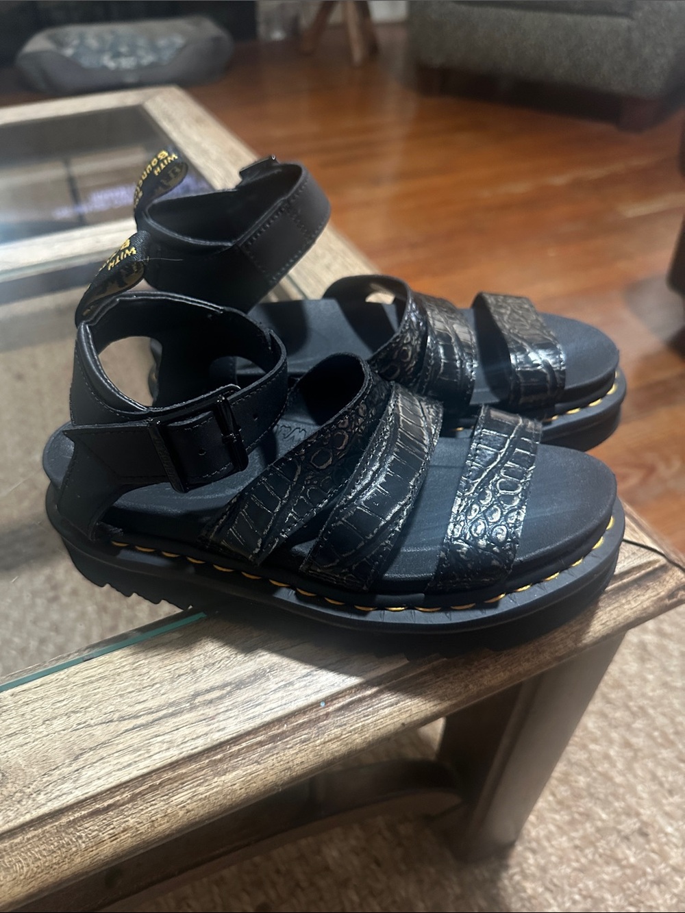 Dr. Martens “Blaire” Black Croc-Embossed Platform Sandals